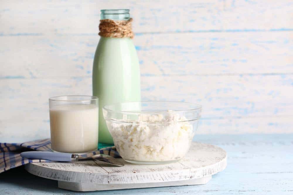 A bottle of milk and a bowl of kefir.